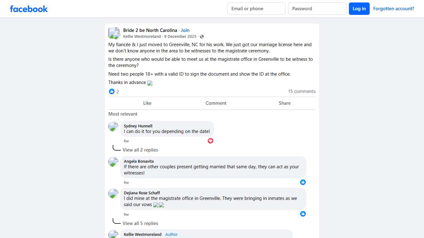 Bride 2 be North Carolina My fiancée & I just moved to Greenville, NC for his work Facebook